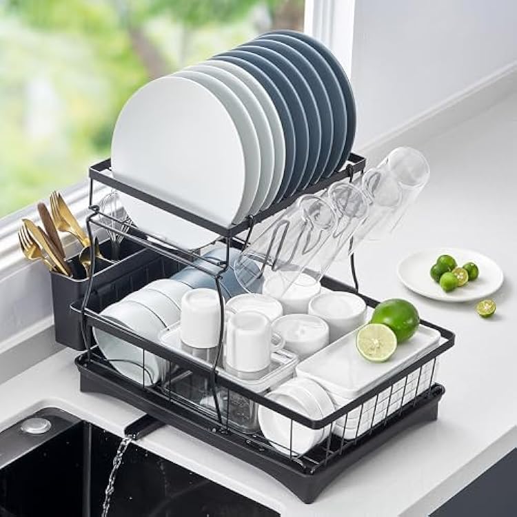 Reemix Dish Drying Rack, 2 Tier Dish Drainer with Removable Utensil Holder and Swivel, Durable High Carbon Steel Material, Larger Capacity, Easy Installation, Black