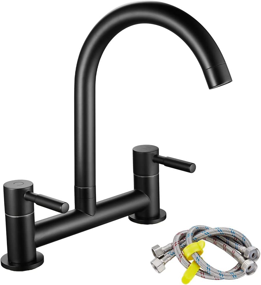 Black Kitchen Sink Mixer Tap, Dual Lever Bridge Kitchen Mixer Taps, 2 Hole Sink Faucet, 180 mm Centers Deck Mounted, 14 Turn, 360° Swivel Spout, Brass, Include Flexible Hoses, Matte Black