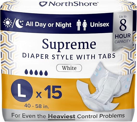 NorthShore Supreme Tab-Style Briefs for Men and Women White, Large, 15 Count